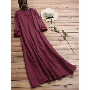 Women Vintage Cotton Tunic Baggy Long Sleeve Maxi Dress