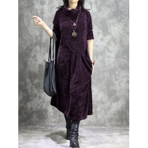 Vintage Solid Color Loose Big Pocket Casual Long Sleeve Autumn Dress For Women