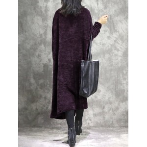 Vintage Solid Color Loose Big Pocket Casual Long Sleeve Autumn Dress For Women