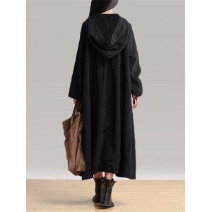 Vintage Frog Button Long Sleeve Hooded Maxi Coat Dresses