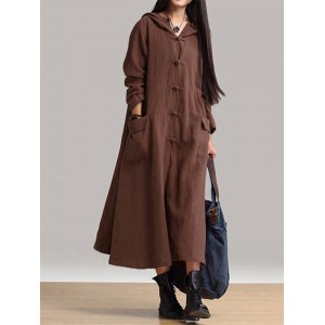 Vintage Frog Button Long Sleeve Hooded Maxi Coat Dresses