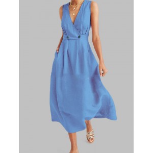 Vintage Solid Color V Neck Sleeveless Summer Dress