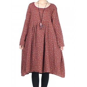 Pockets Pleated Floral Print Long Sleeve Vintage Dress For Women