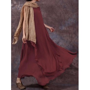 Vintage Sleeveless O-Neck Pure Color Long Maxi Dresses