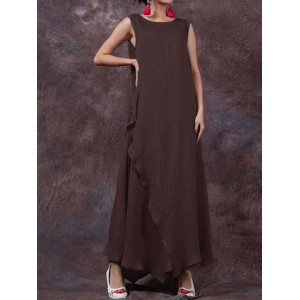 Vintage Sleeveless O-Neck Pure Color Long Maxi Dresses