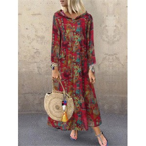 Vintage Print Pockets Frog Button Hooded Maxi Dress