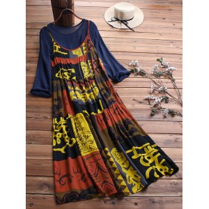 Two Pieces Ethnic Print Vintage Maxi Dress For Women