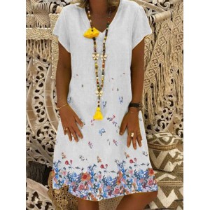 V-neck Floral Print Short Sleeve Casual Dress For Women