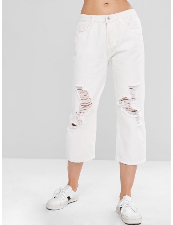 Wide Leg Ripped Jeans - White S