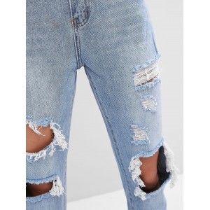 Ripped Cut Out Frayed Hem Jeans - Denim Blue S