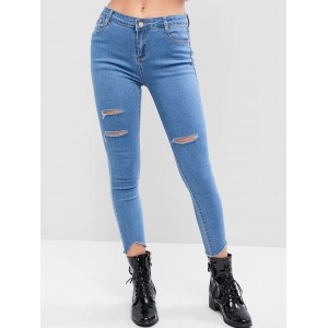 Distressed Raw Hem Skinny Jeans - Jeans Blue S