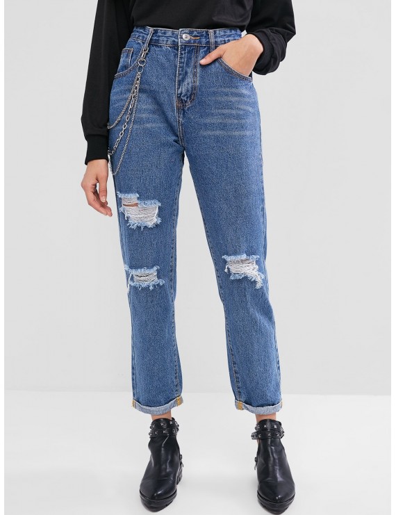Chains Embellished Ripped Cuffed Jeans - Denim Blue S