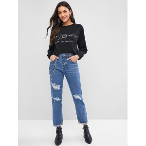 Chains Embellished Ripped Cuffed Jeans - Denim Blue S