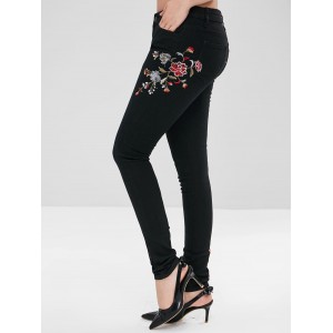 Flower Embroidery Pencil Jeans - Black S