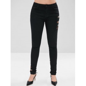 Flower Embroidery Pencil Jeans - Black S