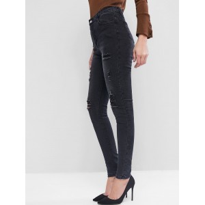 High Waisted Destroyed Tapered Jeans - Black S