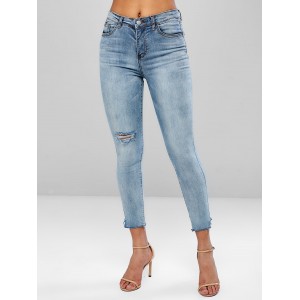 Ripped Bleached Frayed Hem Jeans - Jeans Blue M