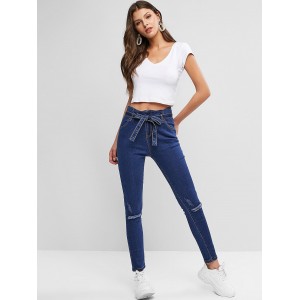Distressed Belted Paperbag Pencil Jeans - Blue M