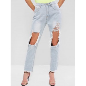 Light Wash Ripped Frayed Cutout Pencil Jeans - Denim Blue S