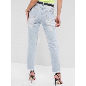 Light Wash Ripped Frayed Cutout Pencil Jeans - Denim Blue S