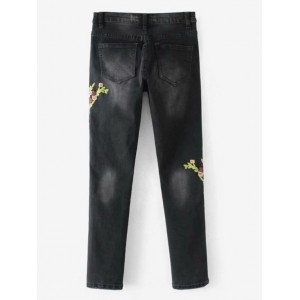 Frayed Floral Embroidered Skinny Jeans - Black M