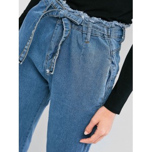 Frayed High Waisted Pocket Tie Mom Jeans - Denim Blue S