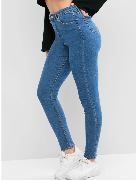 Pockets Solid Skinny Jeans - Jeans Blue M