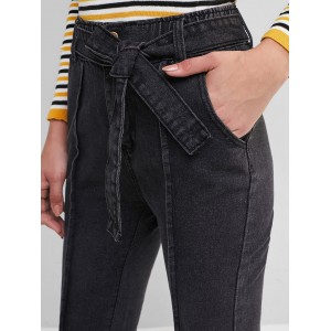 High Waisted Belted Pockets Straight Jeans - Black Xs