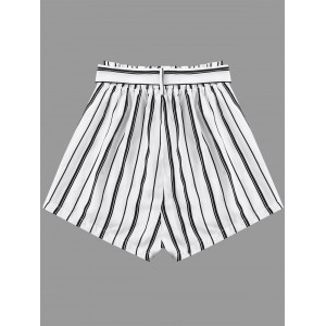 Striped Wide Leg Shorts With Tie Belt - White M