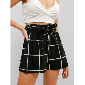 High Rise Plaid Belted Frilled Shorts - Black M