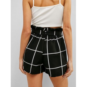 High Rise Plaid Belted Frilled Shorts - Black M
