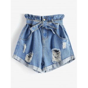 Cuffed Destroyed Denim Paperbag Shorts - Denim Blue M