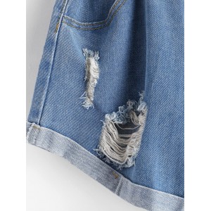 Cuffed Destroyed Denim Paperbag Shorts - Denim Blue M
