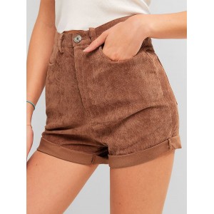 High Waisted Plain Cuffed Shorts - Chestnut S