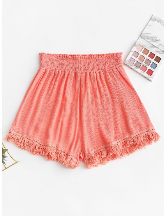 Smocked Tasseled Hem High Waisted Shorts - Pink M