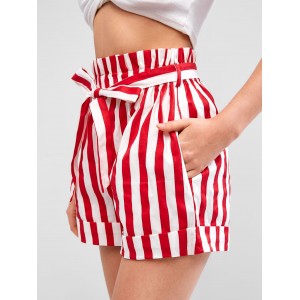  Cuffed Belted Stripes Paperbag Shorts - Lava Red S