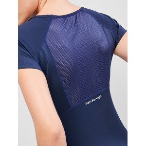 Letter Print Topstitching Perforated Sports Tee - Navy Blue S