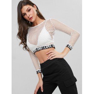 Dazzling Letter Graphic Cropped Fishnet Tee - White S