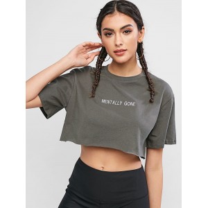 Raw Hem Cropped Mentally Gone Embroidered Tee - Gray M