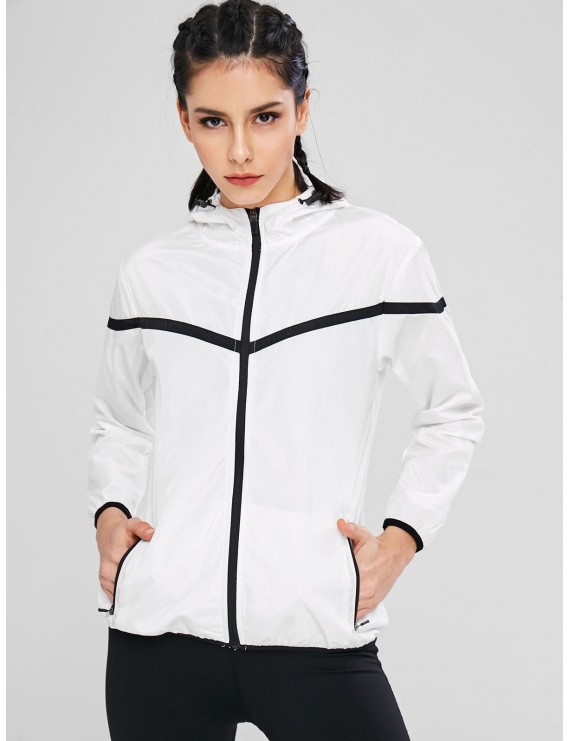 Hooded Color Block Zipper Jacket - White M