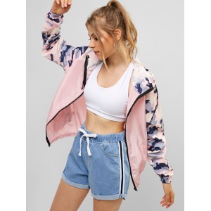 Zip Up Camo Color Block Jacket - Pig Pink S