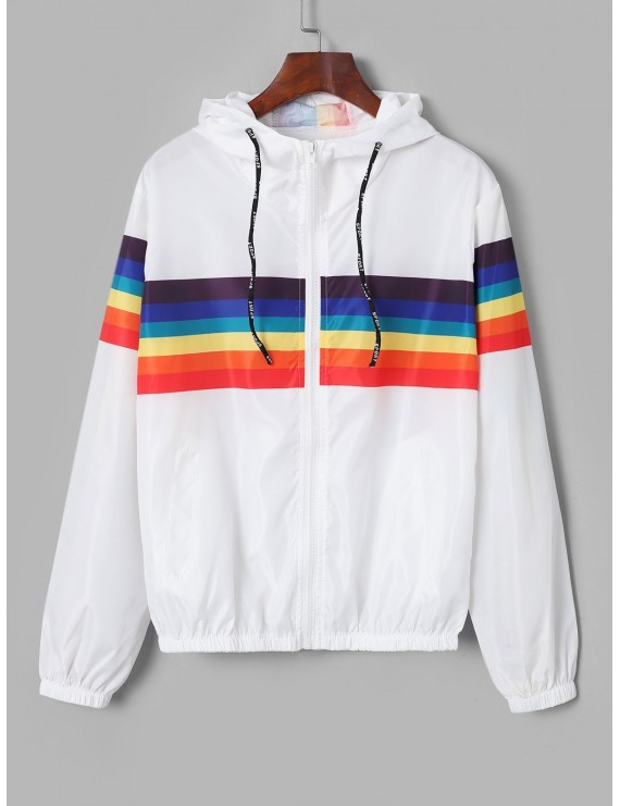 Zip Up Rainbow Stripes Windbreaker Jacket - White S
