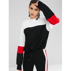 Drawstring Color Block Athletic Sweatshirt - Black L