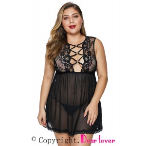 Black Hollow-out Bust Lace Upper Open Back Plus Size Babydoll