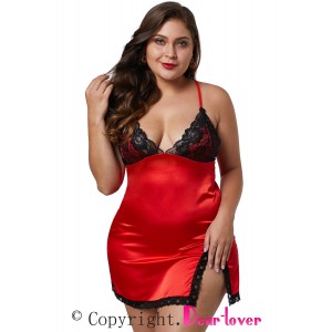 Red Plus Size Satin Chemise with Lace
