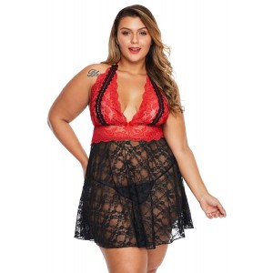 Red Beautiful Lace Backless Halter Plus Size Babydoll