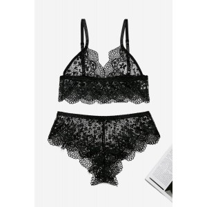 Black Lace Bralette Erotic 2pcs Lingerie Set