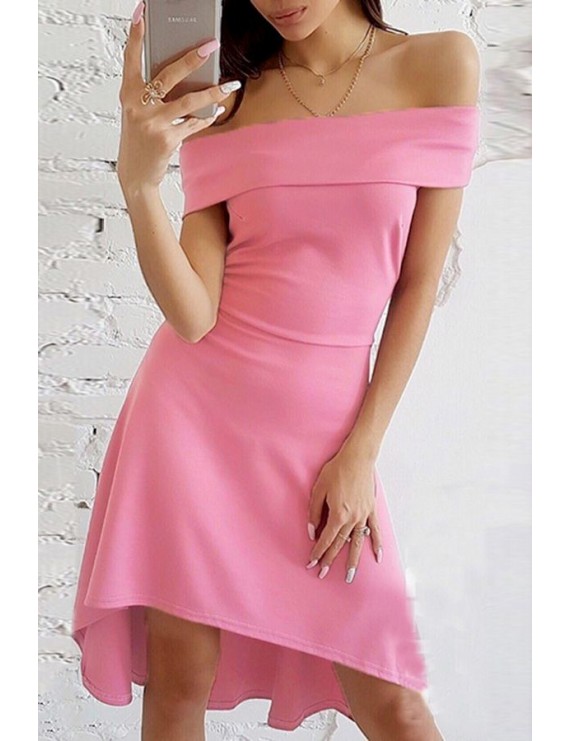 Pink Off Shoulder Short Sleeve Beautiful High Low Dress