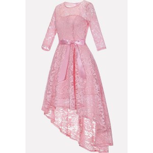Pink Lace Floral Round Neck Tied Chic High Low Party Dress