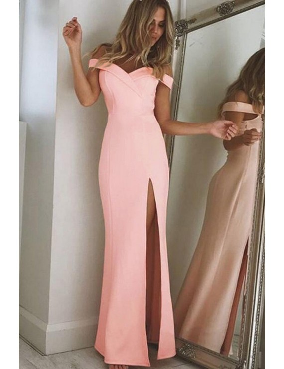 Pink Off Shoulder High Slit Maxi Party Dress
